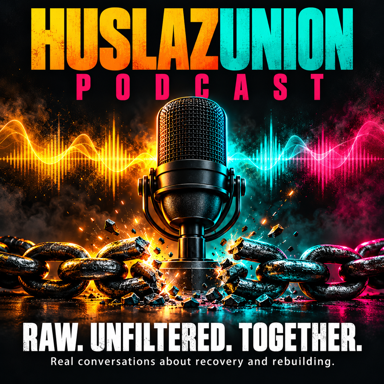 HuslazUnion Podcast cover with microphone and bright sound waves