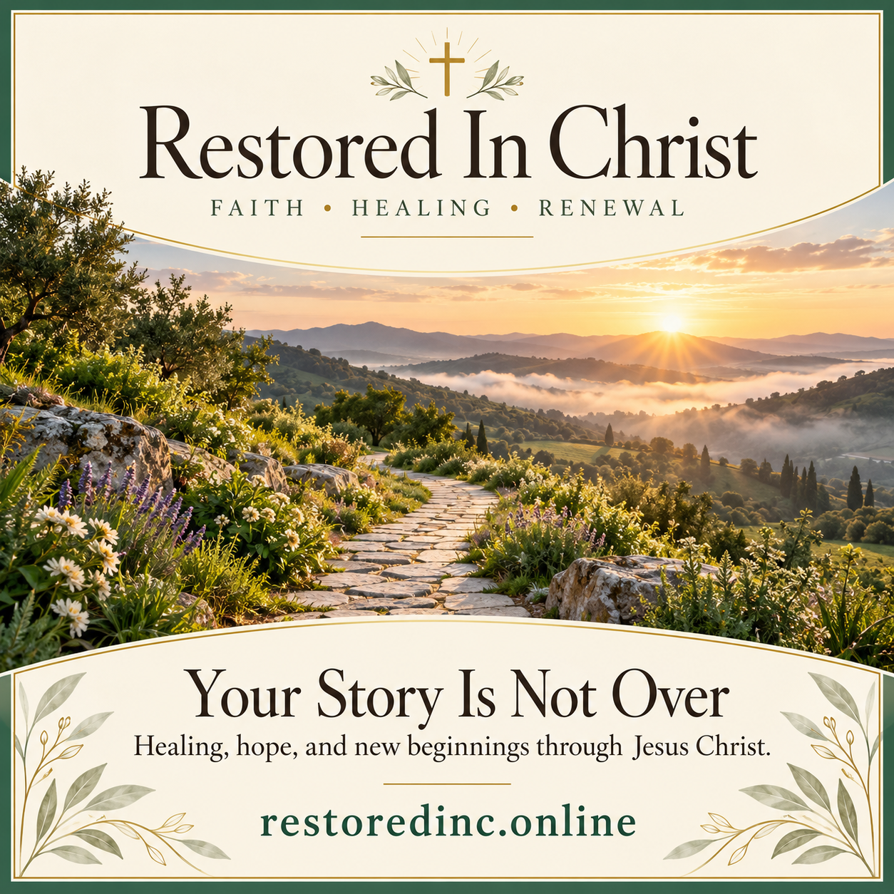Restored In Christ pathway to renewal cover with a sunlit landscape